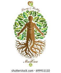 Vector illustration of athletic man depicted as continuation of tree. Strong heart is good health, wellness center abstraction.