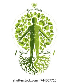Vector illustration of athletic man depicted as continuation of tree with roots. Strong heart is good health, wellness center abstraction.