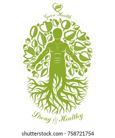Vector illustration of athletic man depicted as continuation of tree. Strong heart is good health, wellness center abstraction.