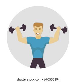 Vector illustration of athletic man with dumbbells in circle. Flat style