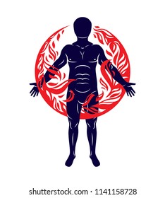 Vector illustration of athletic man, human and nature harmony, fire man covered with a fireball.