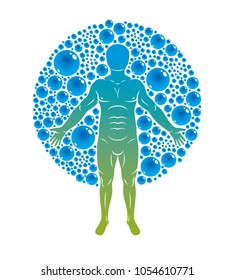 Vector illustration of athletic man isolated on white and surrounded with water bubbles, element of water. Environment conservation metaphor. 