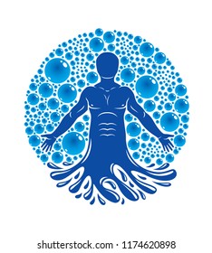 Vector illustration of athletic man isolated on white and surrounded with water bubbles, element of water. Environment conservation metaphor. 