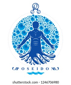 Vector illustration of athletic man isolated on white and surrounded with water bubbles, element of water. Environment conservation metaphor. 