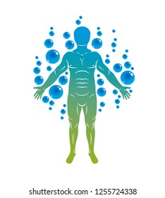 Vector illustration of athletic man isolated on white and surrounded with water bubbles, element of water. Environment conservation metaphor. 