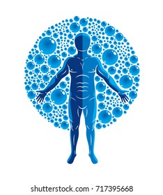 Vector illustration of athletic man isolated on white and surrounded with water bubbles, element of water. Environment conservation metaphor. 