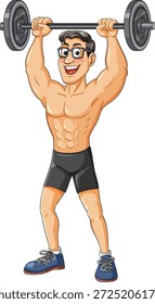 Ilustración vectorial del hombre atlético que levanta la barra arriba, construcción muscular, colores brillantes, estilo de la historieta