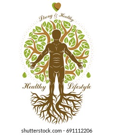 Vector illustration of athletic man made as continuation of tree with roots. Strong heart is good health, wellness center abstraction.