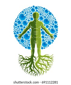 Vector illustration of athletic man made with tree roots and surrounded with water bubbles, element of water. Environment conservation metaphor. 