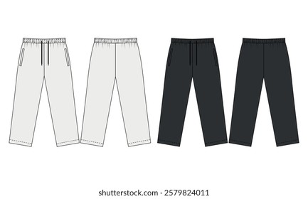 Vector Illustration of athletic pants on elastic band, black and white color, front and back view. Sketch of fashionable straight cut jogging pants. Template of sports pants on a drawstring.