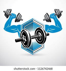 Vector illustration of athletic sportsman arm holding dumbbell. Fitness workout.