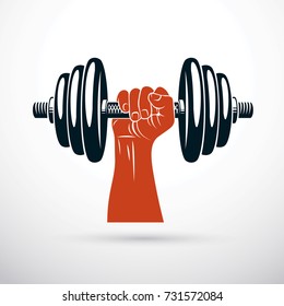 Vector illustration of athletic sportsman arm holding dumbbell. Fitness workout.