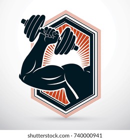 Vector illustration of athletic sportsman arm holding dumbbell. Fitness workout.