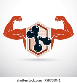 Vector illustration of athletic sportsman arm holding dumbbell. Fitness workout.