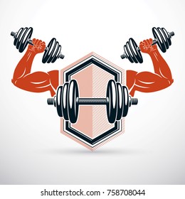 Vector illustration of athletic sportsman arm holding dumbbell. Fitness workout.