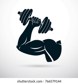 Vector illustration of athletic sportsman arm holding dumbbell. Fitness workout.