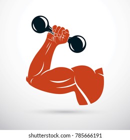 Vector illustration of athletic sportsman arm holding dumbbell. Fitness workout.