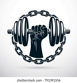 Vector illustration of athletic sportsman biceps arm holding dumbbell and surrounded by iron chain, symbol of strength and healthy lifestyle. Fitness workout.