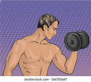 Vector illustration of athletic strong man with dumbbell in retro pop art comic style. Exercising man.