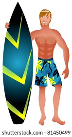 Vector Illustration of an athletic surfer with surfboard.