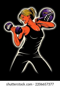 Vector Illustration Of Athletic Woman With Angry Dumbbell And Kettlebell. Isolated On Black Background.