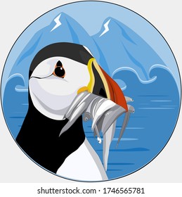 Vector illustration Atlantic Puffin Lunde caught a lot of fish and holds it in Beak in the background Norway mountains and the ocean, close-up cute portrait, travel.