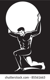 vector illustration of atlas lifting sphere ball on shoulders on black background.
