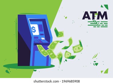 Vector illustration of an ATM with cash paper money flying in the air