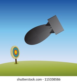 Vector illustration of an atom bomb dropped to destroy a target mark.
