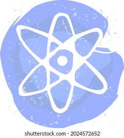Vector illustration of atom symbol. Hand-drawn line art. Icon and logo design. White lineart on blue watercolor background in very soft tones