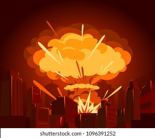 Vector illustration of atomic bomb in city. War and end of world concept in flat style. Dangers of nuclear energy.