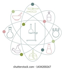 Vector illustration with atomic structure, glassware flasks, burner, equipment stand. Laboratory equipment. Education. Science day. Chemistry, biology, medicine, pharmacy, experiment.