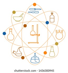 Vector illustration with atomic structure, glassware flasks, burner, equipment stand. Laboratory equipment. Education. Science day. Chemistry, biology, medicine, pharmacy, experiment.