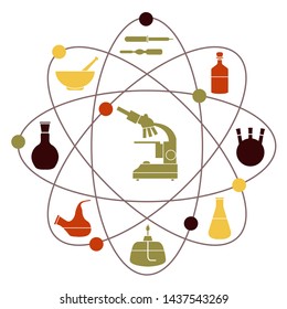 Vector illustration with atomic structure, glassware flasks, burner, microscope. Laboratory equipment. Education. Science day. Chemistry, biology, medicine, pharmacy, experiment.