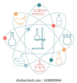 Vector illustration with atomic structure, glassware flasks, burner, equipment stand. Laboratory equipment. Education. Science day. Chemistry, biology, medicine, pharmacy, experiment.