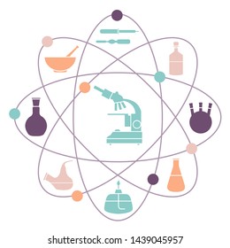 Vector illustration with atomic structure, glassware flasks, burner, microscope. Laboratory equipment. Education. Science day. Chemistry, biology, medicine, pharmacy, experiment.
