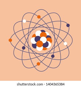 Vector illustration with atomic structure. Print with symbol of nuclear energy, scientific research, molecular chemistry. Education. Science day. Chemistry, biology, medicine.