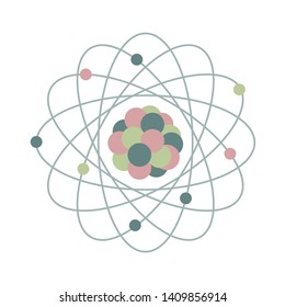 Vector illustration with atomic structure. Print with symbol of nuclear energy, scientific research, molecular chemistry. Education. Science day. Chemistry, biology, medicine.