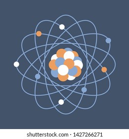 Vector illustration with atomic structure. Print with symbol of nuclear energy, scientific research, molecular chemistry. Education. Science day. Chemistry, biology, medicine.