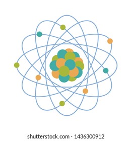 Vector illustration with atomic structure. Print with symbol of nuclear energy, scientific research, molecular chemistry. Education. Science day. Chemistry, biology, medicine.