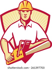 vector illustration of atree surgeon arborist gardener tradesman worker holding a chainsaw facing front set inside shield with sunburst done in retro style on isolated white background.
