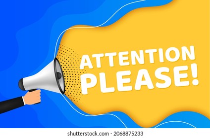 Vector Illustration Attention Please With Megaphone. Modern Web Colourful Banner, Advertising And Marketing Sticker