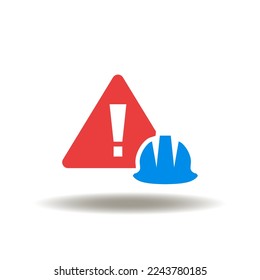 Vector illustration of attention red sign with exclamation mark and hard hat. Icon of safety work. Symbol of safety first.