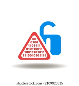 Vector illustration of attention sign with digital numbers 1 0 and open lock. Icon of hacked data. Symbol of warning hacker attack.