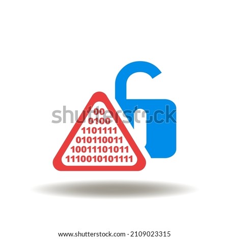 Vector illustration of attention sign with digital numbers 1 0 and open lock. Icon of hacked data. Symbol of warning hacker attack.