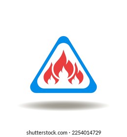 Vector illustration of attention sign with fire flame. Icon of fire protection, control, alarm.