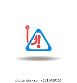 Vector illustration of attention sign and hook. Icon of phishing. Symbol of hacker, virus threat.