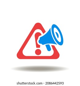 Vector illustration of attention sign with megaphone. Icon of emergency attention. Symbol of danger and exclamation. Important risk notification sign.