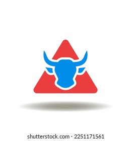 Vector illustration of attention triangle sign with cow. Icon of methane agricultural emissions. Symbol of CH4 pollution.