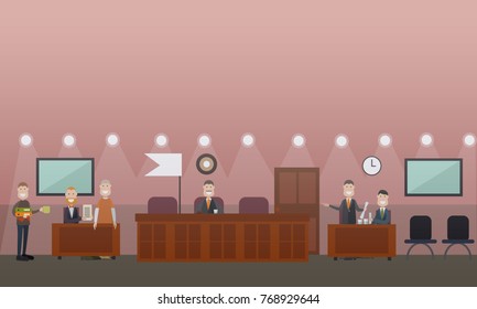 Vector illustration of attorney for defence providing the court with the proof of his client innocence. Courtroom interior. Court hearing concept flat style design illustration.